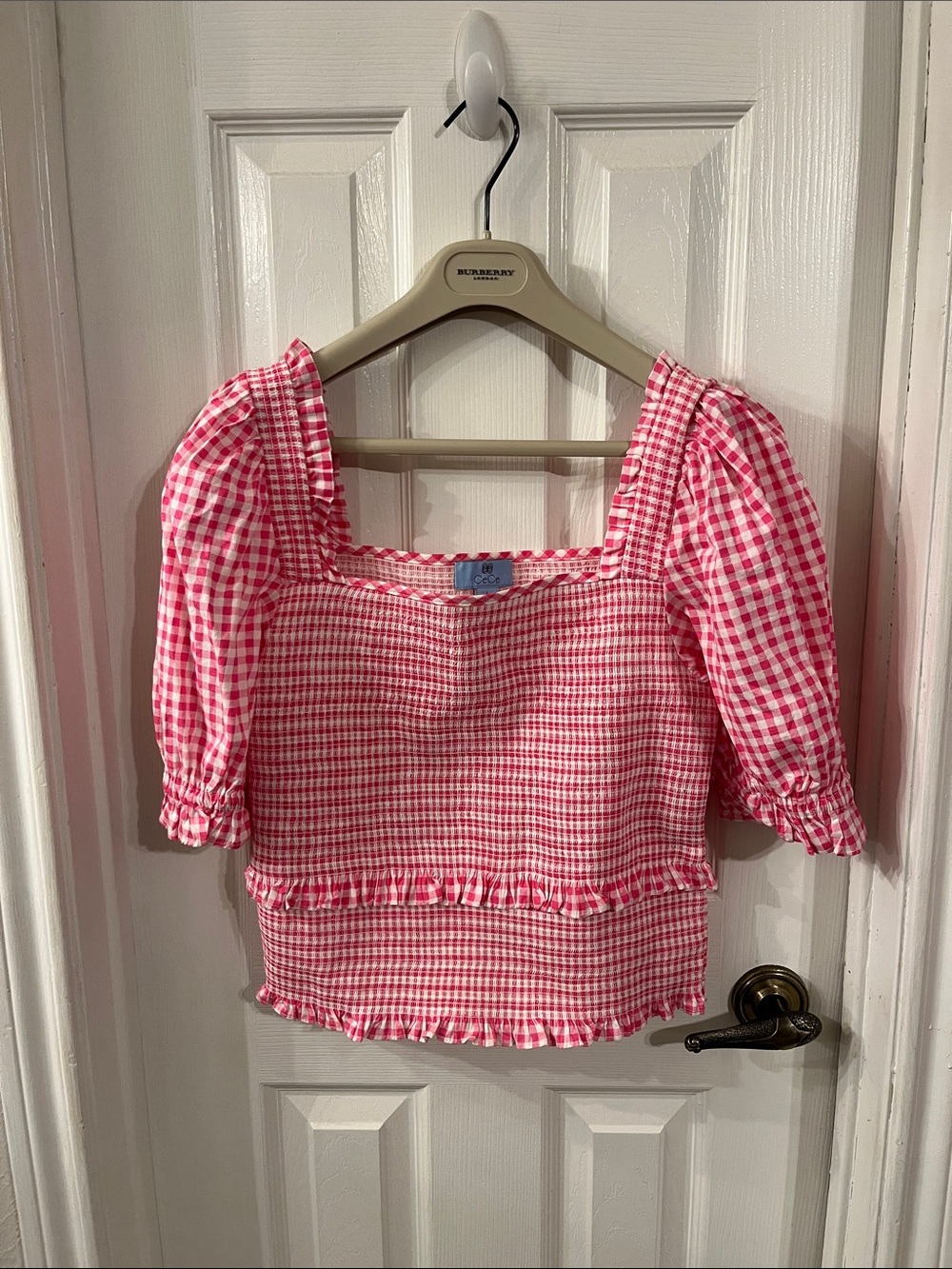 CeCe Pink Gingham Smocked Square Neck Top size large